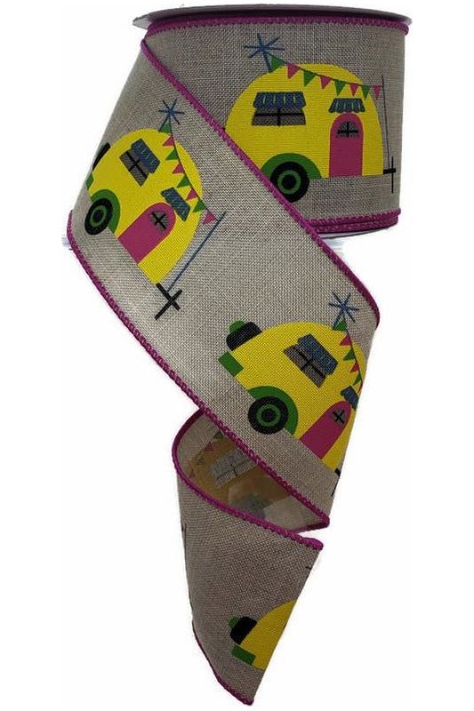 2.5" Summer Camper Ribbon: Lt Natural/Fuschia (10 Yards) - Michelle's aDOORable Creations - Wired Edge Ribbon