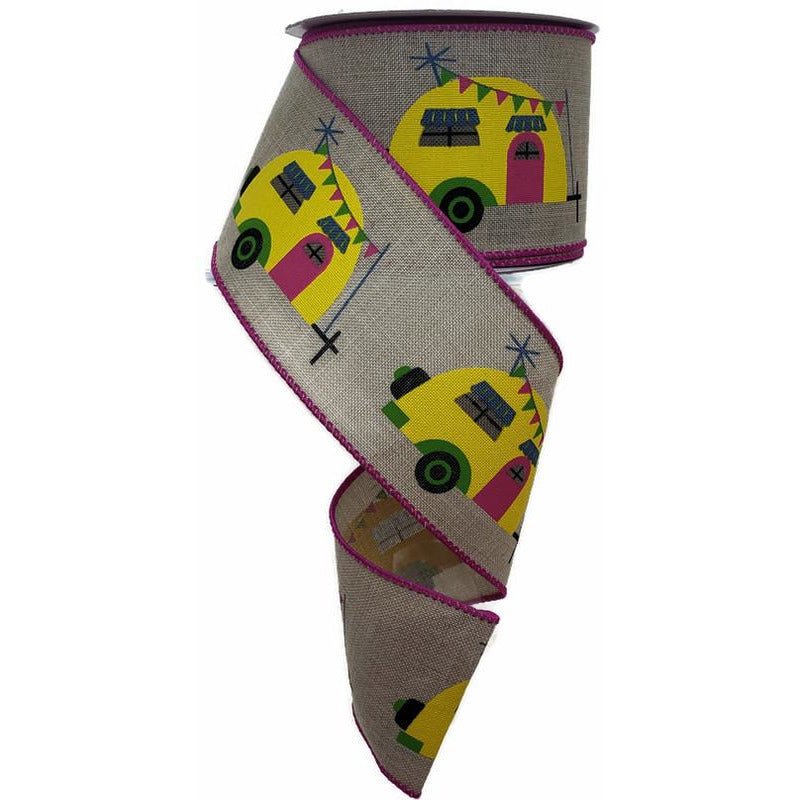 Shop For 2.5" Summer Camper Ribbon: Lt Natural/Fuchsia (10 Yards) at Michelle's aDOORable Creations