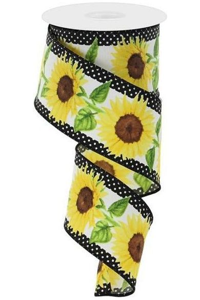 2.5" Sunflower Polka Dot Ribbon: White (10 Yards) - Michelle's aDOORable Creations - Wired Edge Ribbon