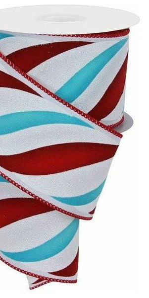 2.5" Swirl Candy Stripe Ribbon: Red/Turquoise (10 Yards) - Michelle's aDOORable Creations - Wired Edge Ribbon