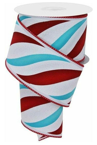 2.5" Swirl Candy Stripe Ribbon: Red/Turquoise (10 Yards) - Michelle's aDOORable Creations - Wired Edge Ribbon