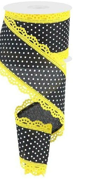 2.5" Swiss Dots Lace Edge Ribbon: Black/Yellow (10 Yards) - Michelle's aDOORable Creations - Wired Edge Ribbon