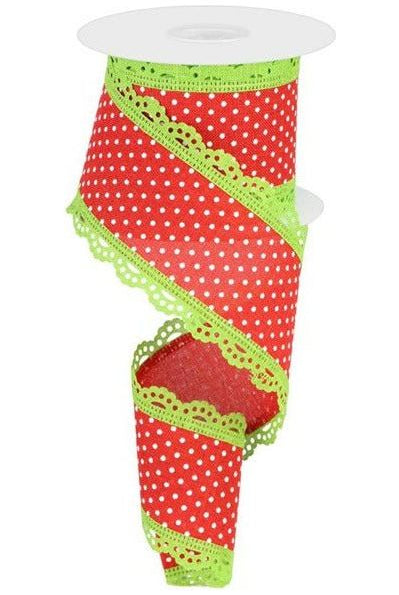 2.5" Swiss Dots Lace Edge Ribbon: Red/Lime Green (10 Yards) - Michelle's aDOORable Creations - Wired Edge Ribbon