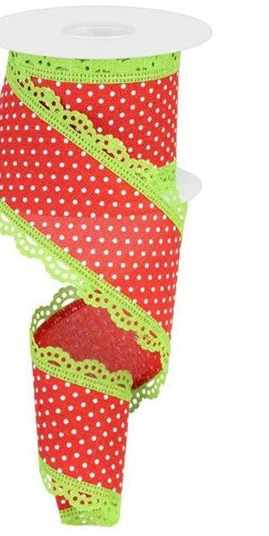 2.5" Swiss Dots Lace Edge Ribbon: Red/Lime Green (10 Yards) - Michelle's aDOORable Creations - Wired Edge Ribbon