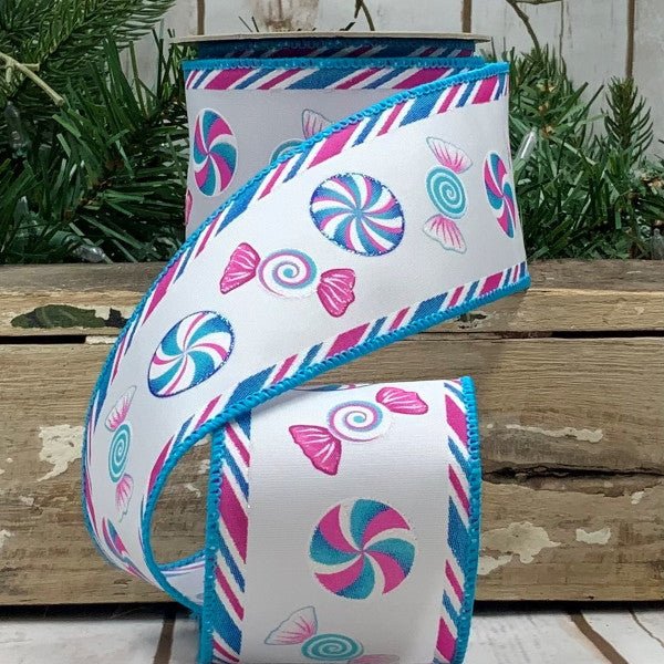 2.5" Teal Pink Candy Ribbon: White (10 Yards) - Michelle's aDOORable Creations - Wired Edge Ribbon