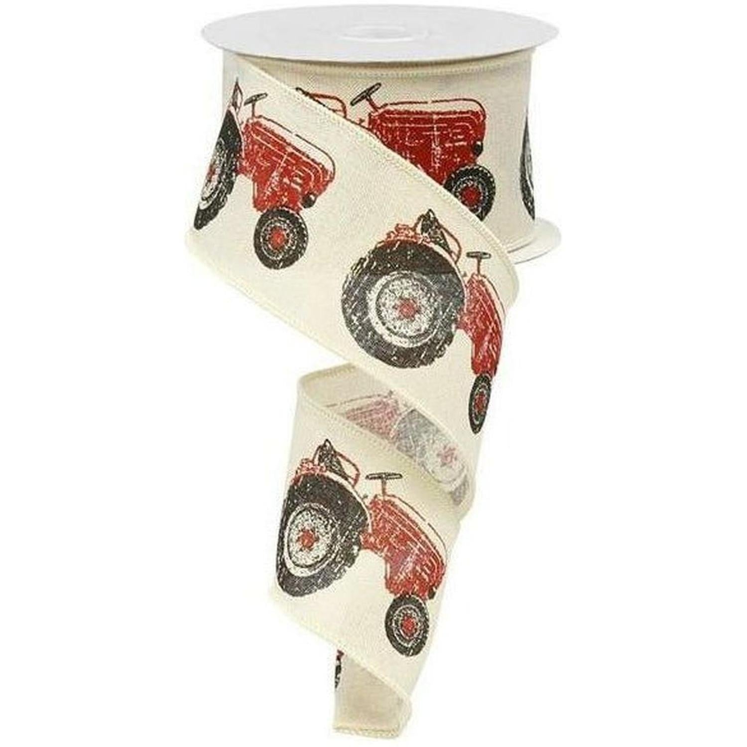 2.5" Tractor on Royal Burlap Ribbon: Cream & Red (10 Yards)