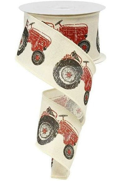 2.5" Tractor on Royal Burlap Ribbon: Cream & Red (10 Yards) - Michelle's aDOORable Creations - Wired Edge Ribbon