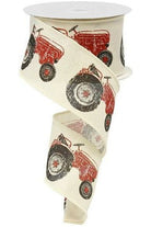 2.5" Tractor on Royal Burlap Ribbon: Cream & Red (10 Yards) - Michelle's aDOORable Creations - Wired Edge Ribbon