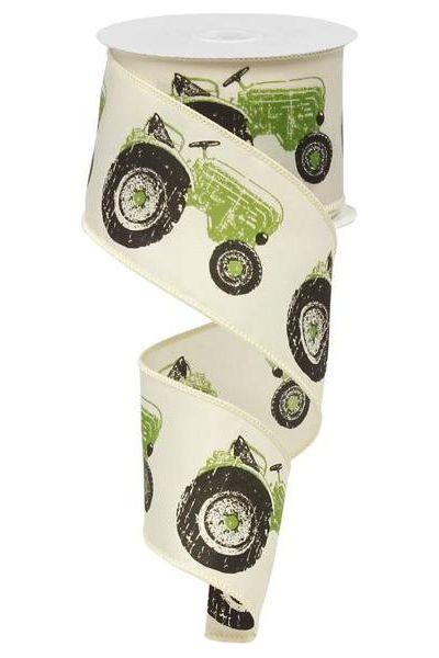 2.5" Tractor Ribbon: Cream & Green (10 Yards) - Michelle's aDOORable Creations - Wired Edge Ribbon