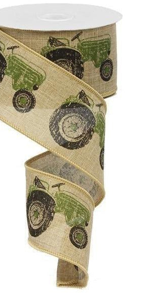 2.5" Tractor Ribbon: Light Beige & Green (10 Yards) - Michelle's aDOORable Creations - Wired Edge Ribbon