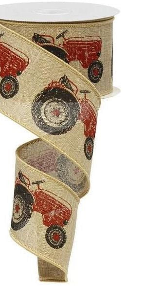 2.5" Tractor Ribbon: Light Beige & Red (10 Yards) - Michelle's aDOORable Creations - Wired Edge Ribbon
