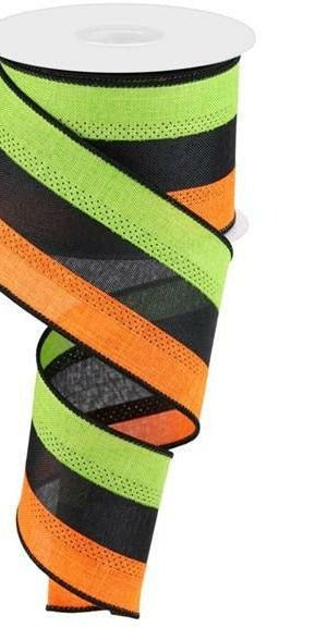 2.5" Tricolor Striped Ribbon: Orange/Black/Lime Green (10 Yards) - Michelle's aDOORable Creations - Wired Edge Ribbon