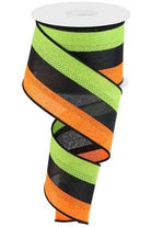 2.5" Tricolor Striped Ribbon: Orange/Black/Lime Green (10 Yards) - Michelle's aDOORable Creations - Wired Edge Ribbon