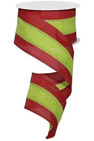 2.5" Tricolor Striped Ribbon: Red & Lime Green (10 Yards) - Michelle's aDOORable Creations - Wired Edge Ribbon