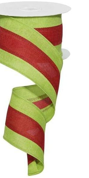 2.5" Tricolor Striped Ribbon: Red/Lime Green (10 Yards) - Michelle's aDOORable Creations - Wired Edge Ribbon
