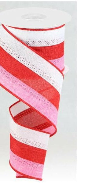 2.5" Tricolor Striped Ribbon: White, Pink, and Red (10 Yards) - Michelle's aDOORable Creations - Wired Edge Ribbon