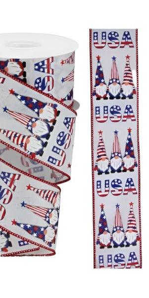 2.5" USA Patriotic Gnome Ribbon: White (10 Yards) - Michelle's aDOORable Creations - Wired Edge Ribbon