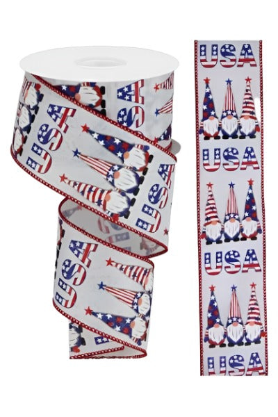 2.5" USA Patriotic Gnome Ribbon: White (10 Yards) - Michelle's aDOORable Creations - Wired Edge Ribbon