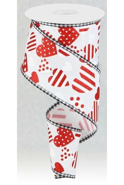 2.5" Valentine Hearts Gingham Ribbon: White (10 Yard) - Michelle's aDOORable Creations - Wired Edge Ribbon