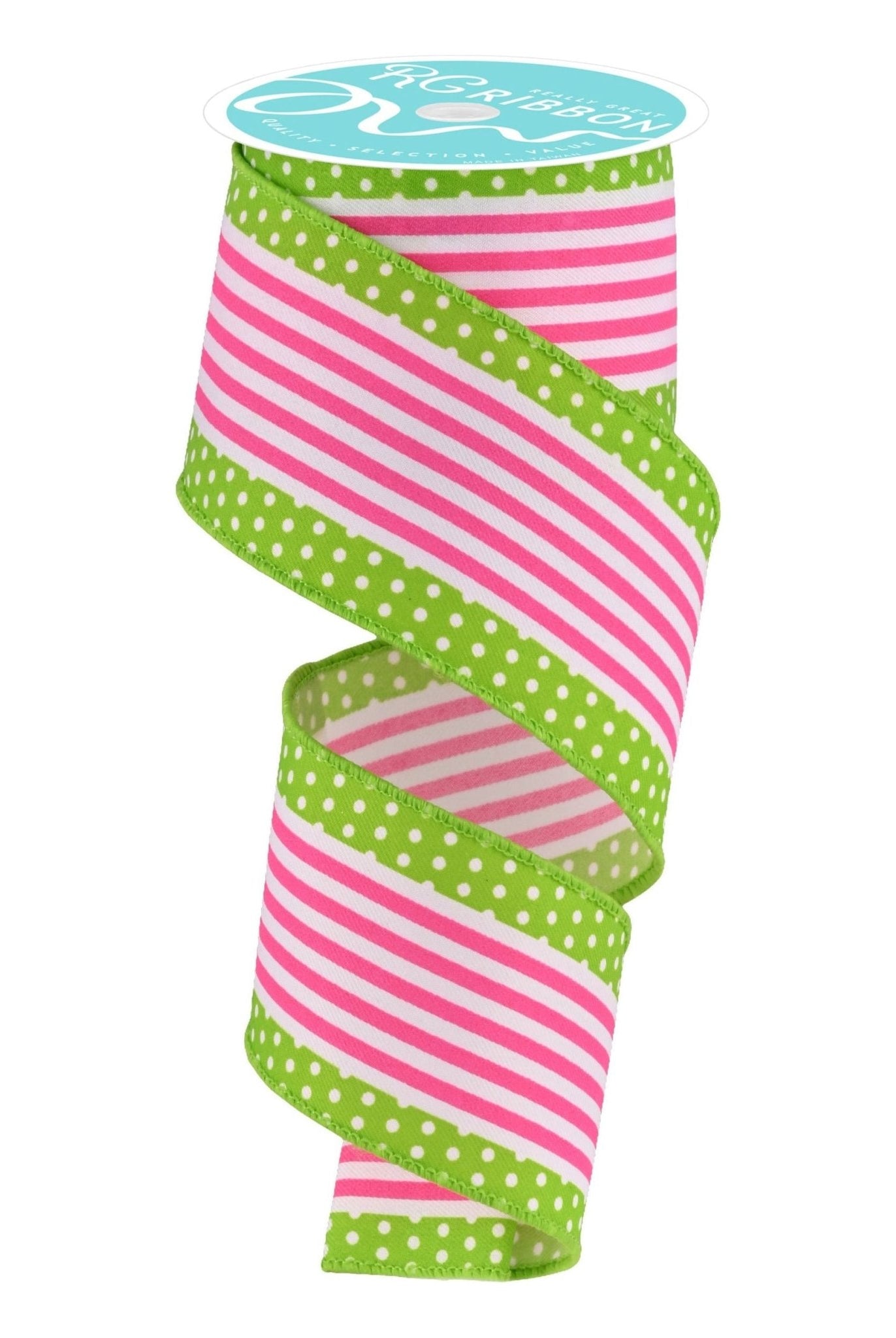2.5" Vertical Stripe Polka Dot Edge Ribbon: Hot Pink/Lime (10 Yards) - Michelle's aDOORable Creations - Wired Edge Ribbon