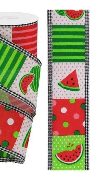 2.5" Watermelon Block Gingham Edge Ribbon: White (10 Yards) - Michelle's aDOORable Creations - Wired Edge Ribbon