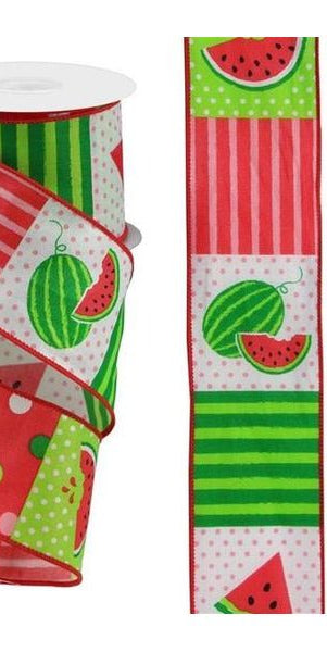 2.5" Watermelon Block Ribbon: White (10 Yards) - Michelle's aDOORable Creations - Wired Edge Ribbon