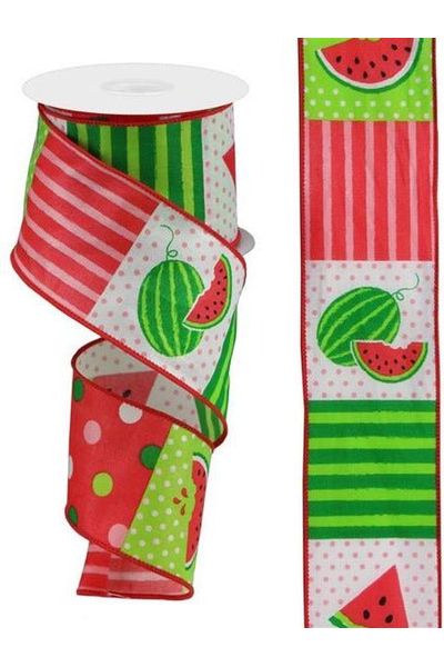 2.5" Watermelon Block Ribbon: White (10 Yards) - Michelle's aDOORable Creations - Wired Edge Ribbon