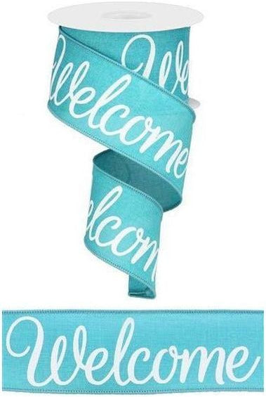 2.5" Welcome Royal Ribbon: Light Teal (10 Yards) - Michelle's aDOORable Creations - Wired Edge Ribbon