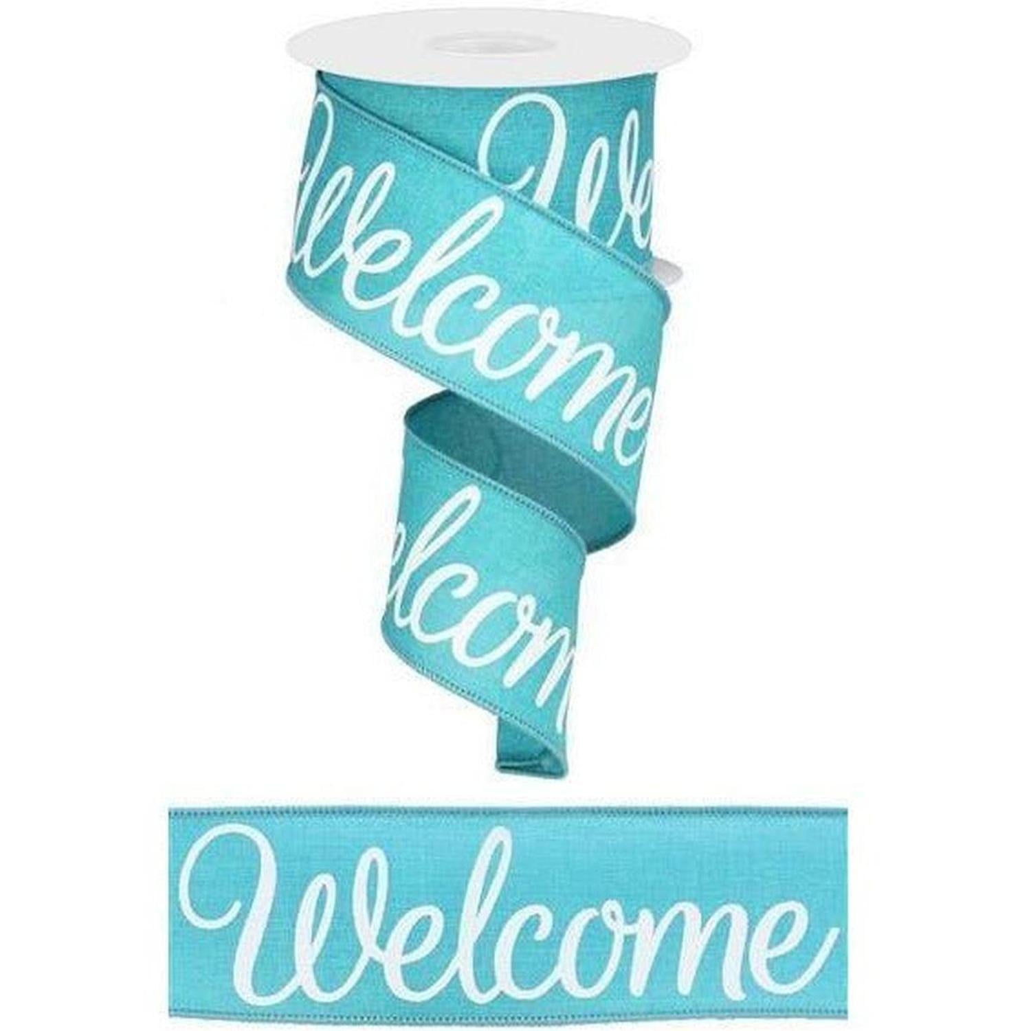 Shop For 2.5" Welcome Royal Ribbon: Light Teal (10 Yards) at Michelle's aDOORable Creations