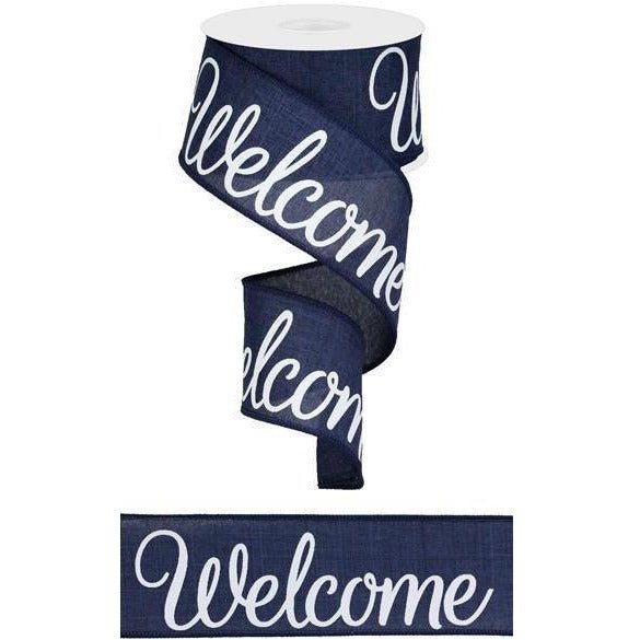 Shop For 2.5" Welcome Royal Ribbon: Navy Blue (10 Yards) at Michelle's aDOORable Creations