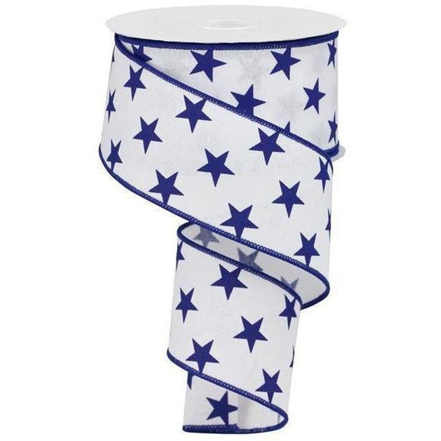 2.5" White Royal Canvas Ribbon: Blue Stars (10 Yards)