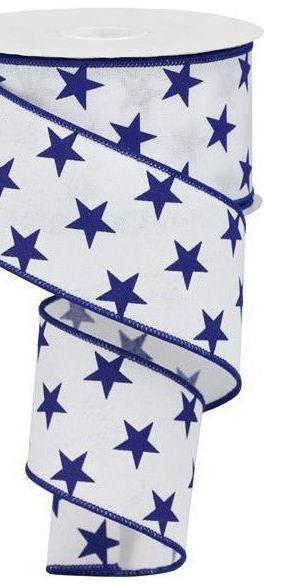 2.5" White Royal Canvas Ribbon: Blue Stars (10 Yards) - Michelle's aDOORable Creations - Wired Edge Ribbon