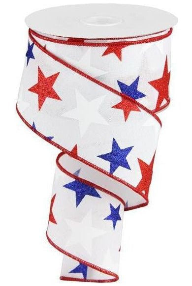 2.5" White Royal Canvas Ribbon: Patriotic Stars (10 Yards) - Michelle's aDOORable Creations - Wired Edge Ribbon
