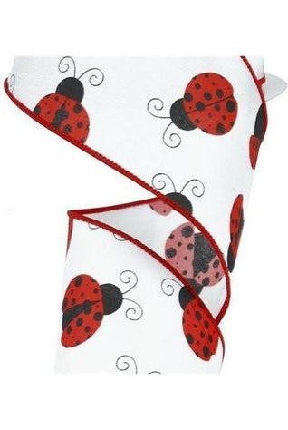 2.5" White Satin Ladybug Ribbon (10 Yards) - Michelle's aDOORable Creations - Wired Edge Ribbon