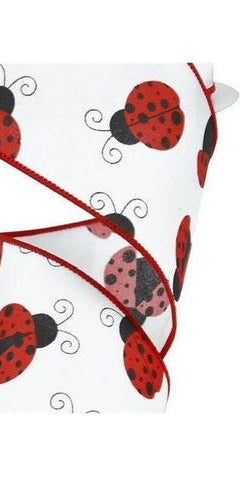 2.5" White Satin Ladybug Ribbon (10 Yards) - Michelle's aDOORable Creations - Wired Edge Ribbon