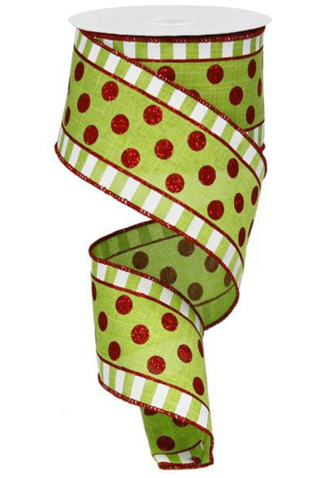 2.5in Dots & Stripes Glitter Ribbon: Lime Green, White, Red (10 Yards) - Michelle's aDOORable Creations - Wired Edge Ribbon