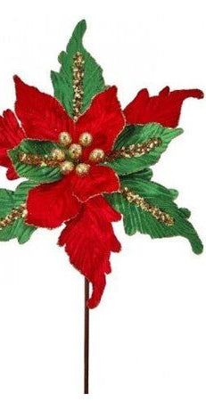 27” Velvet Glitter Sequin Poinsettia Stem: Red/Green - Michelle's aDOORable Creations - Poinsettia