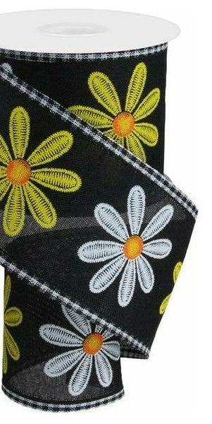 2.75" Embroidered Mixed Daisy Ribbon: Black (10 Yards) - Michelle's aDOORable Creations - Wired Edge Ribbon