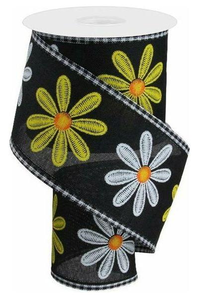 Shop For 2.75" Embroidered Mixed Daisy Ribbon: Black (10 Yards) at Michelle's aDOORable Creations