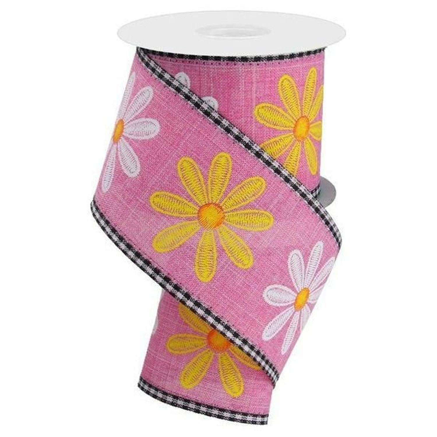 2.75" Embroidered Mixed Daisy Ribbon: Pink (10 Yards)