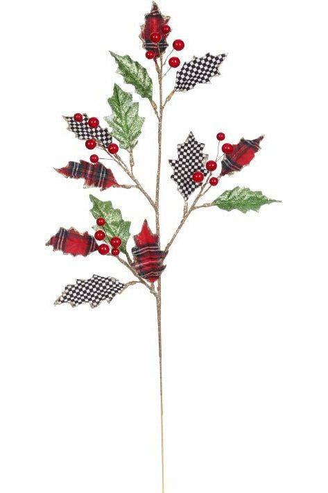 31" Festive Plaid Holly Spray - Michelle's aDOORable Creations - Sprays and Picks