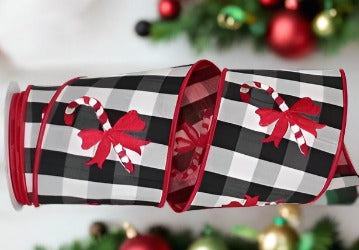 4" Candy Cane Check Embroidery Ribbon: Black & White (5 Yards) - Michelle's aDOORable Creations - Wired Edge Ribbon