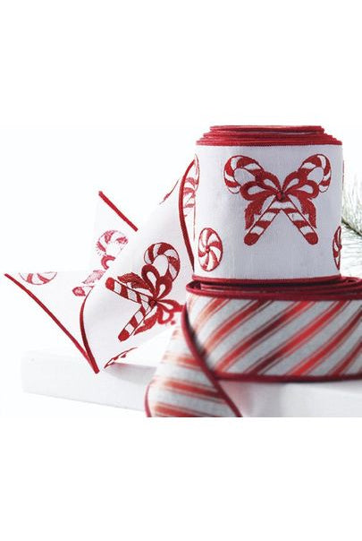 4" Candy Cane Embroidered Ribbon: Red (10 Yards) - Michelle's aDOORable Creations - Wired Edge Ribbon