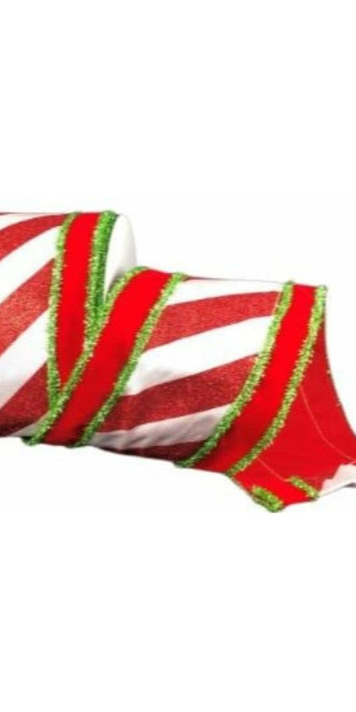 4" Candy Cane Red Velvet Ribbon: Red/Lime Green (10 Yards) - Michelle's aDOORable Creations - Wired Edge Ribbon