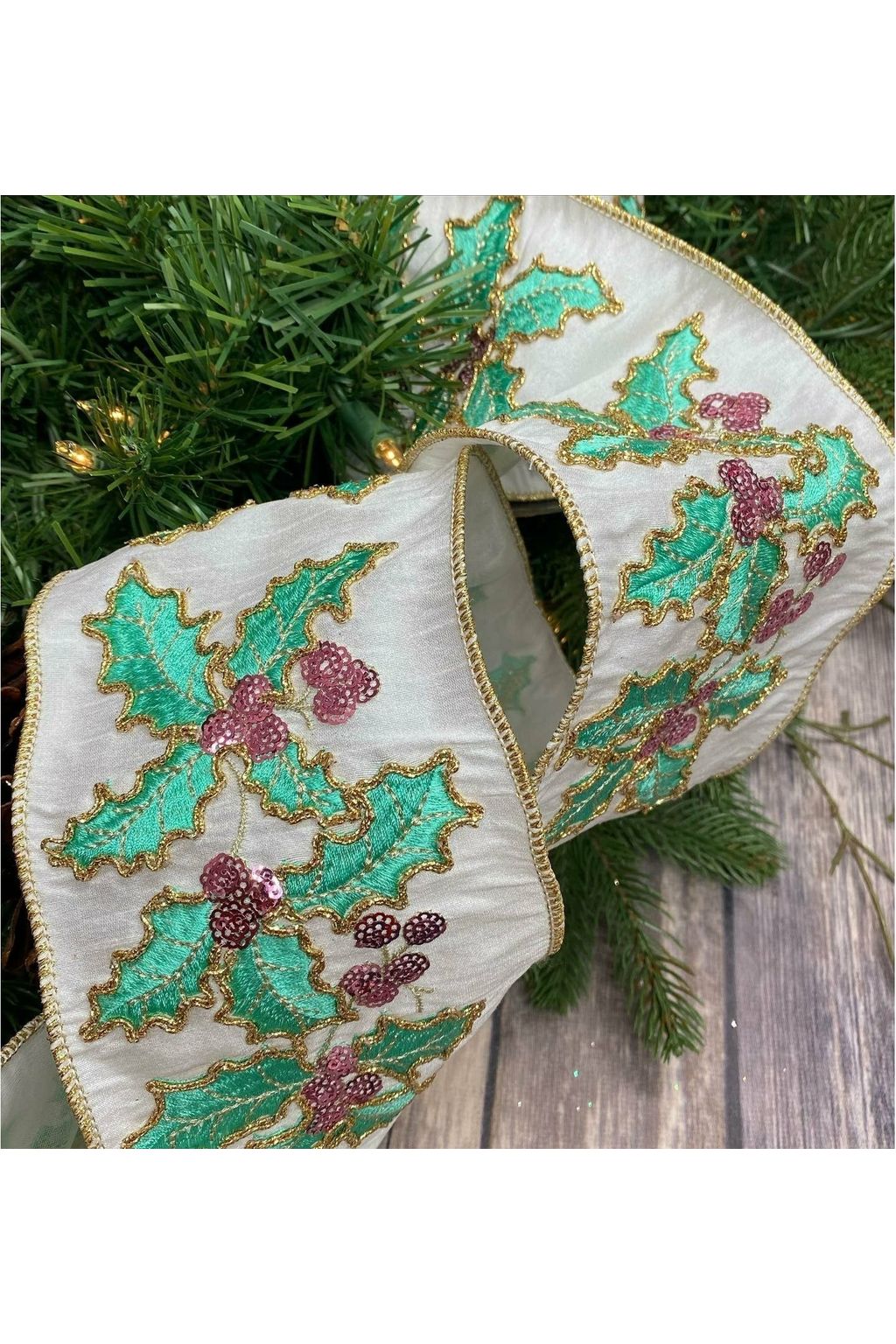 4" Dupion Pastel Holly Embroider Ribbon: White (5 Yards) - Michelle's aDOORable Creations - Wired Edge Ribbon