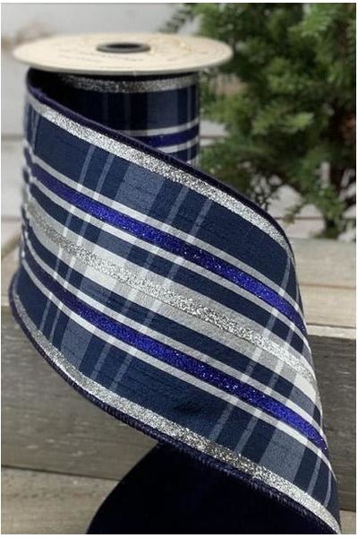 Shop For 4" Dupion Plaid Glitter Ribbon: Navy, Silver and Gray (5 Yards) ds07-2451