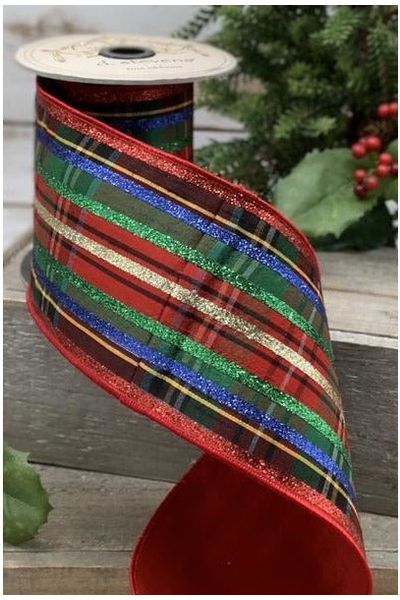 4" Dupion Traditional Plaid Glitter Ribbon: Red, Green & Blue (5 Yards) - Michelle's aDOORable Creations - Wired Edge Ribbon