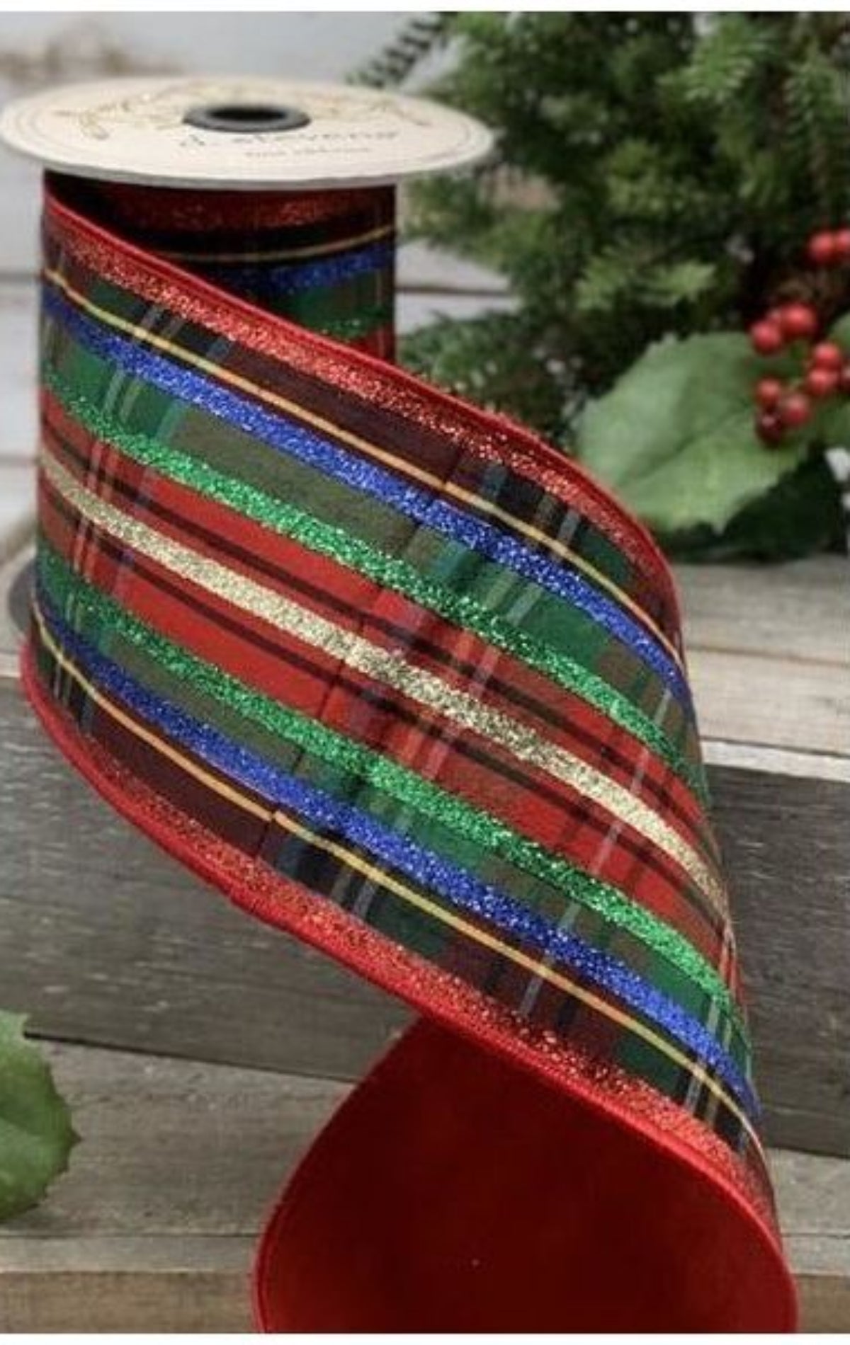 Shop For 4" Dupion Traditional Plaid Glitter Ribbon: Red, Green & Blue (5 Yards) at Michelle's aDOORable Creations
