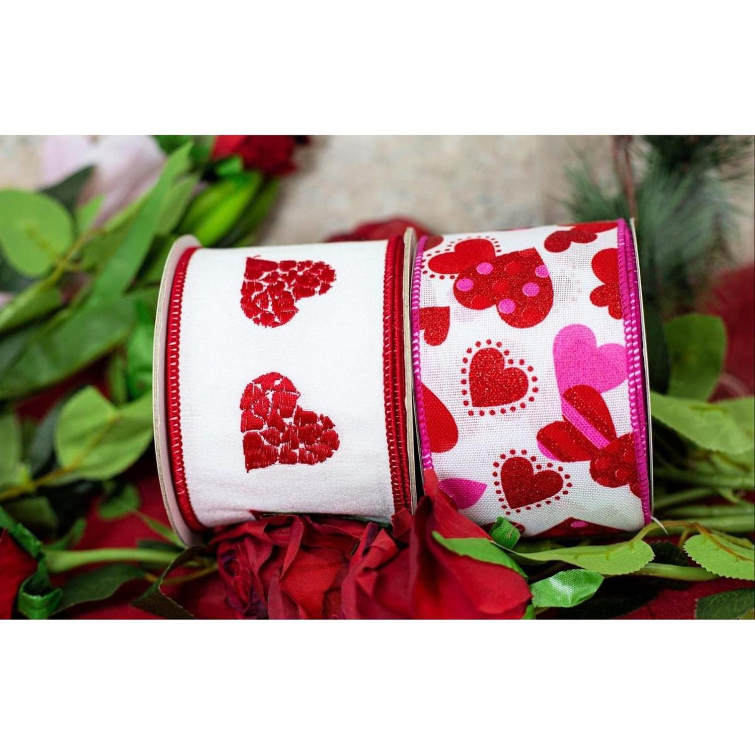 4" Embroidered Hearts Ribbon: White/Red (10 Yards)