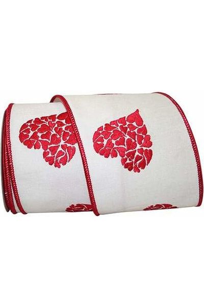 4" Embroidered Hearts Ribbon: White/Red (10 Yards) - Michelle's aDOORable Creations - Wired Edge Ribbon